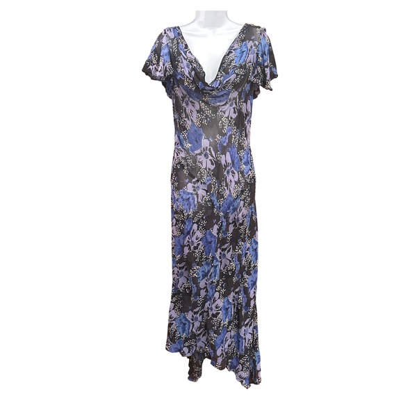 Vintage Y2K Floral Cowl Neck Bias Cut Sheer Gown Purple Blue Evening Maxi Dress - Picture 1 of 6